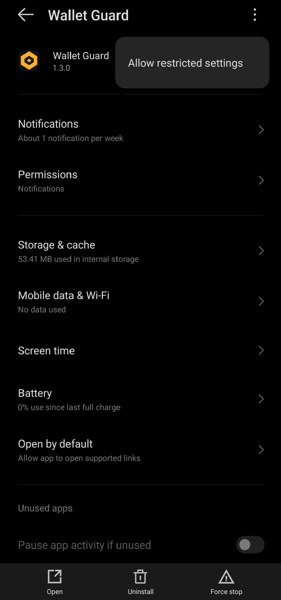 App Info screen for Wallet Guard with the three-dot menu open, showing Allow restricted settings