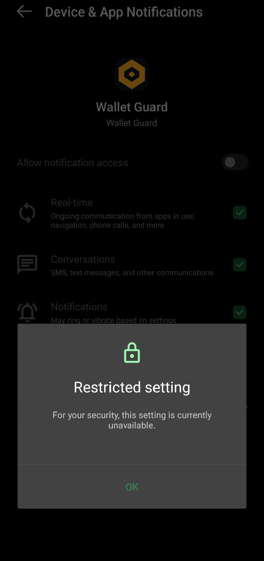 Android dialog reading Restricted setting — for your security, this setting is currently unavailable