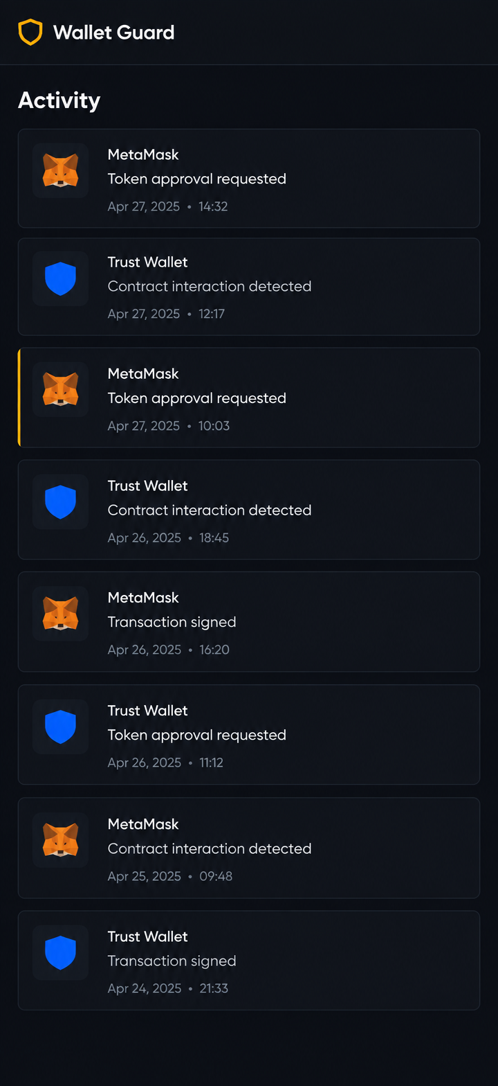 Wallet Guard home screen