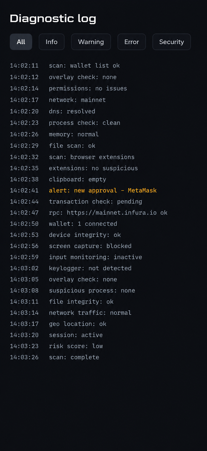 Wallet Guard diagnostic log screen